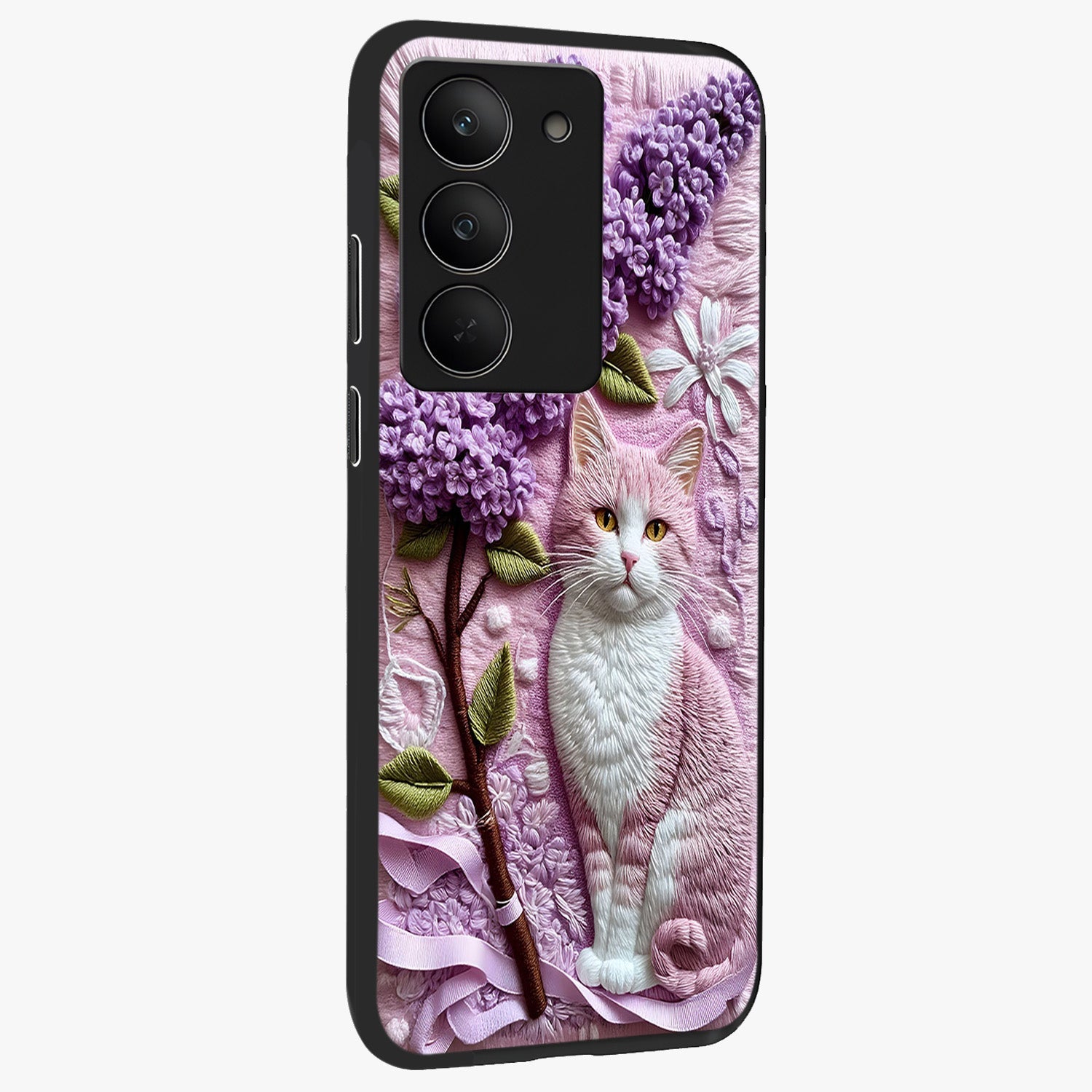 Lavender Cat Whimsy Glass Case upright view showcasing charming cat artwork with whimsical lavender theme.