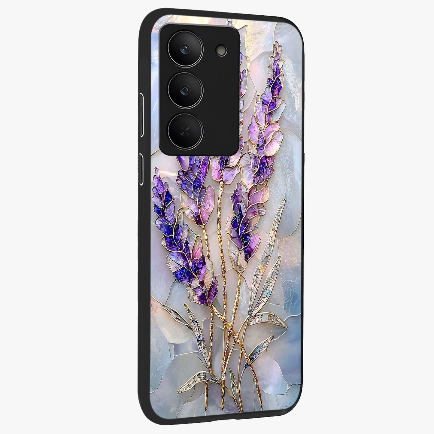 Lavender Dream Glow Glass Case upright view showcasing radiant lavender glow artwork with calming dreamy theme.