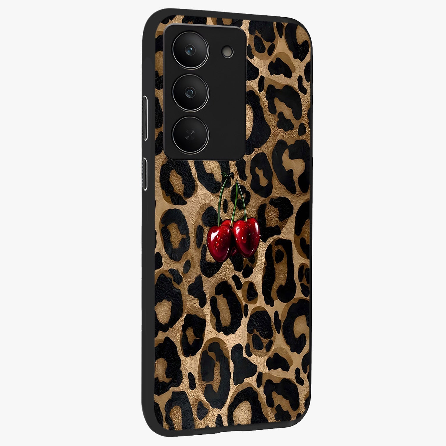 Leopard Wild Cherry Glass Case upright view showcasing stylish leopard pattern artwork with trendy fashion theme.