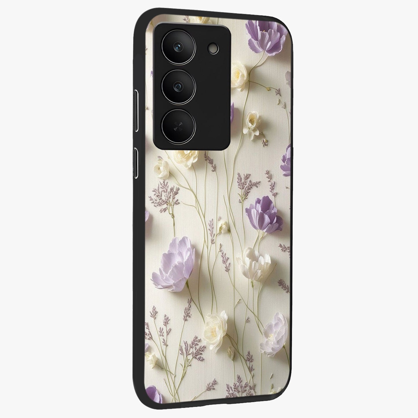 Lilac Breeze Harmony Glass Case upright view showcasing delicate lilac artwork with peaceful floral theme.