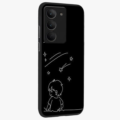 Line Art Boy With Shooting Stars Glass Case upright view showcasing artistic shooting star illustration with minimal style.