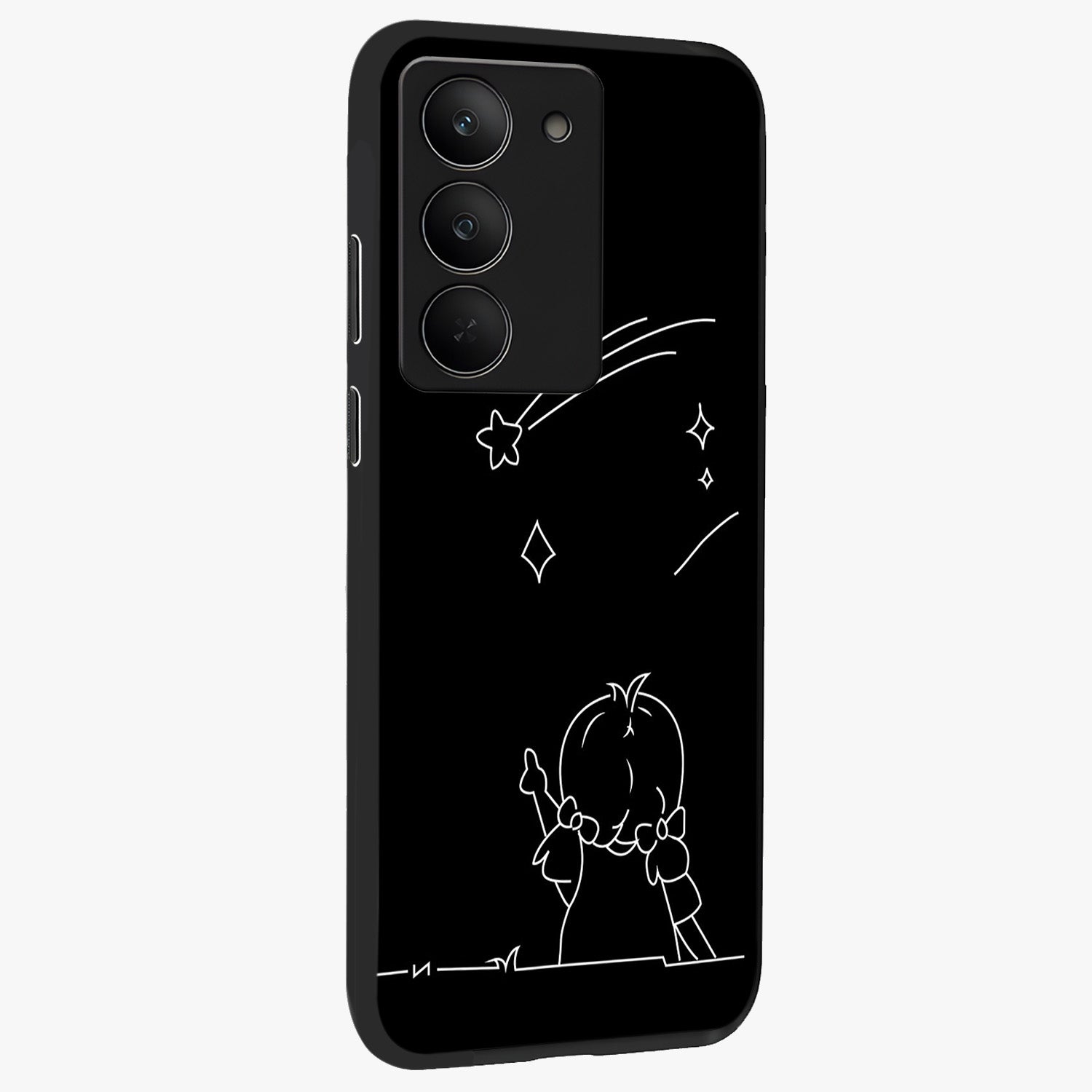 Line Art Girl With Shooting Stars Glass Case upright view showcasing delicate shooting stars artwork with minimal artistic theme.