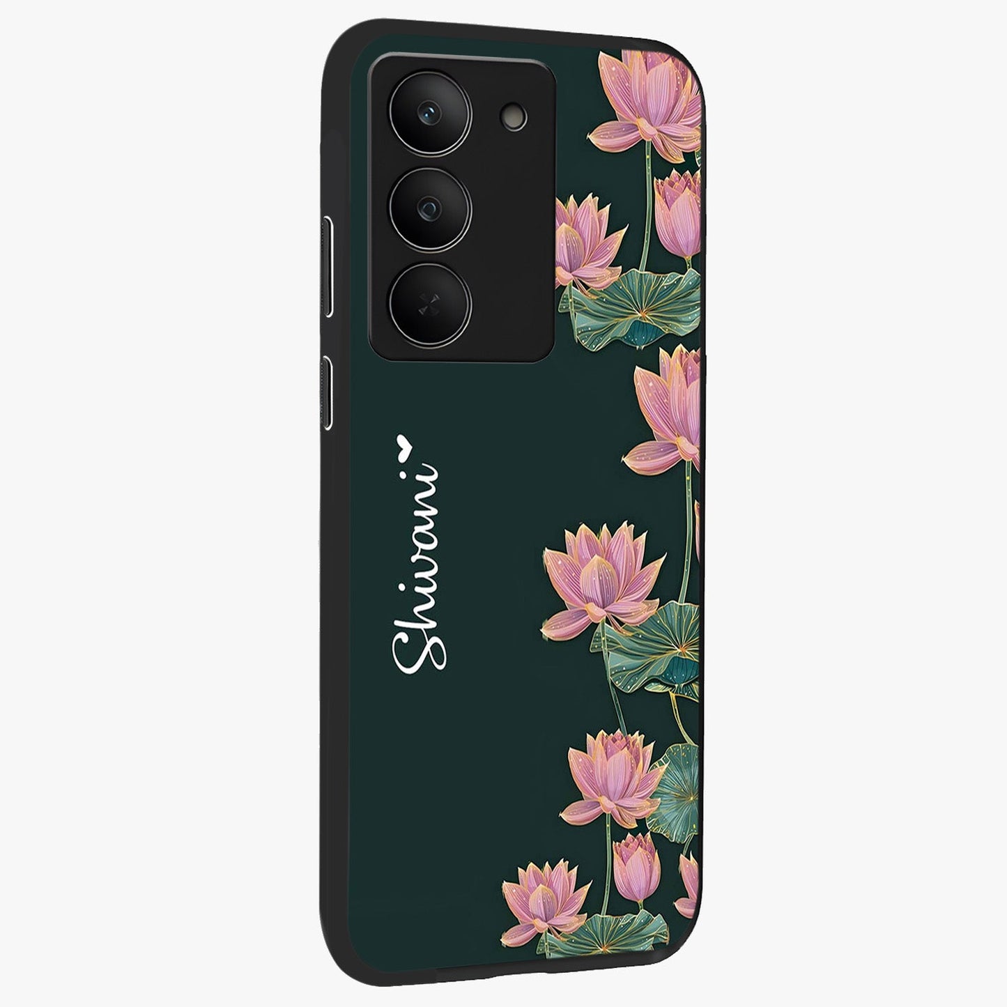 Lotus Bloom Serenity Custom Name Glass Case upright view showcasing serene lotus bloom artwork with personalized floral aesthetic.