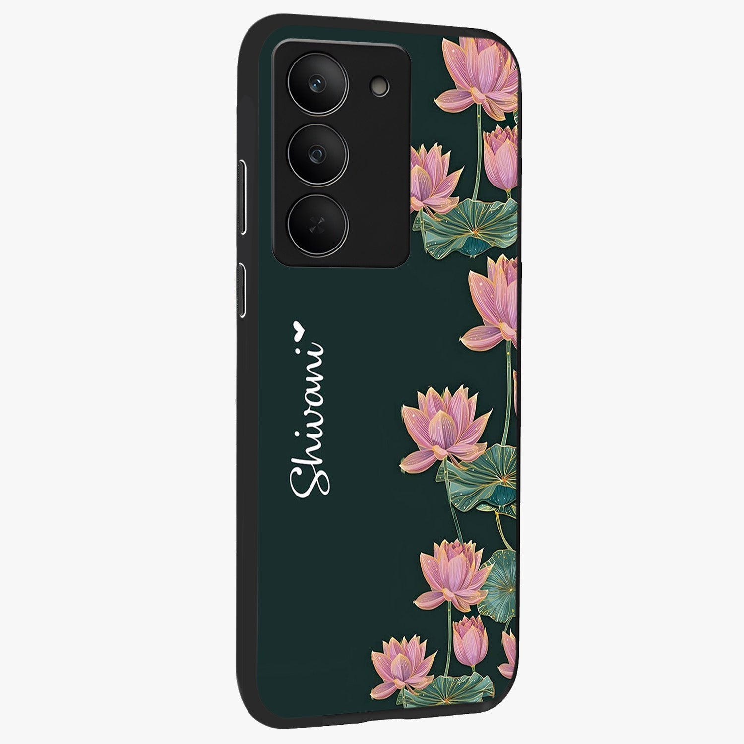 Lotus Bloom Serenity Custom Name Glass Case upright view showcasing serene lotus bloom artwork with personalized floral aesthetic.
