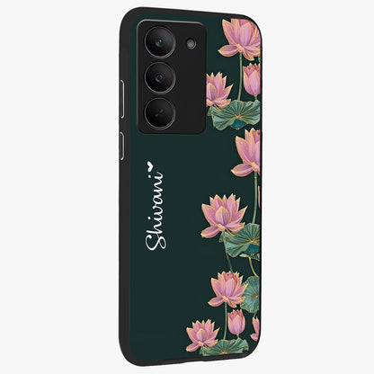 Lotus Bloom Serenity Custom Name Glass Case upright view showcasing serene lotus bloom artwork with personalized floral aesthetic.