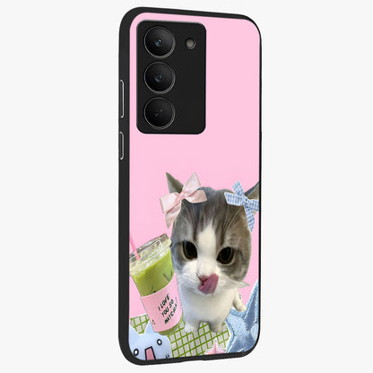 Love Matcha Cat Glass Case upright view showcasing adorable cat artwork with charming matcha themed design.