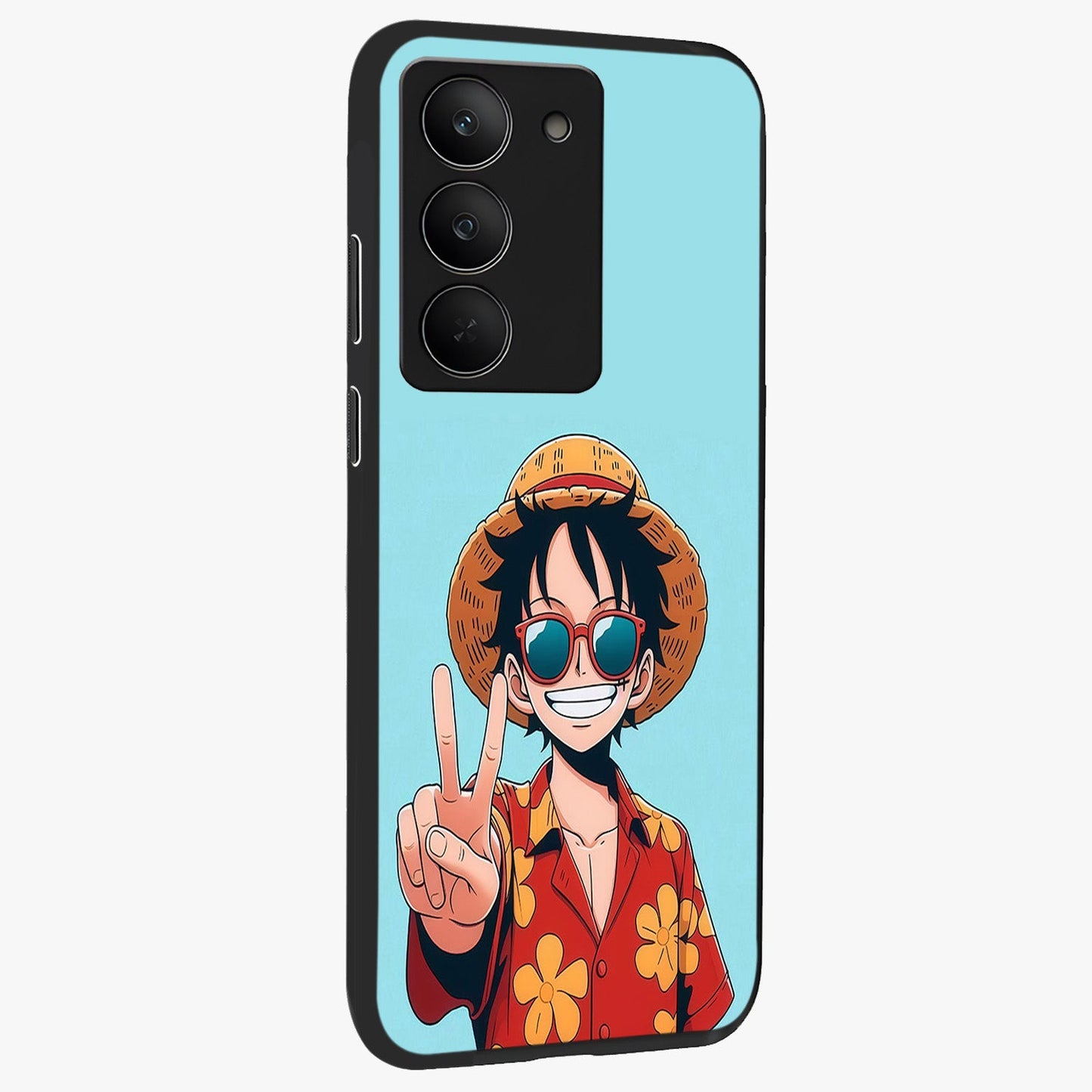 Luffy Summer Anime Vibe Glass Case upright view showcasing dynamic anime artwork with bright adventurous theme.