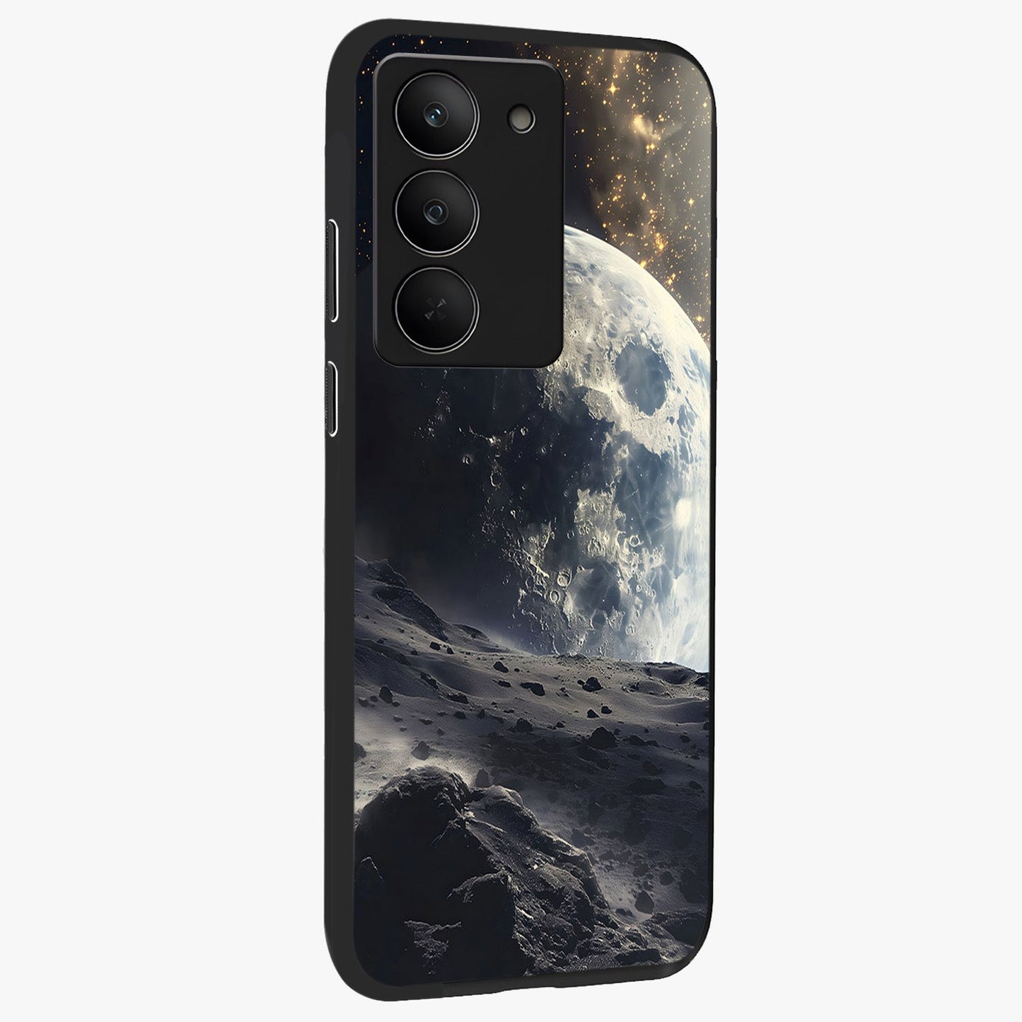 Lunar Horizon Glow Glass Case upright view showcasing radiant lunar artwork with calm cosmic theme.
