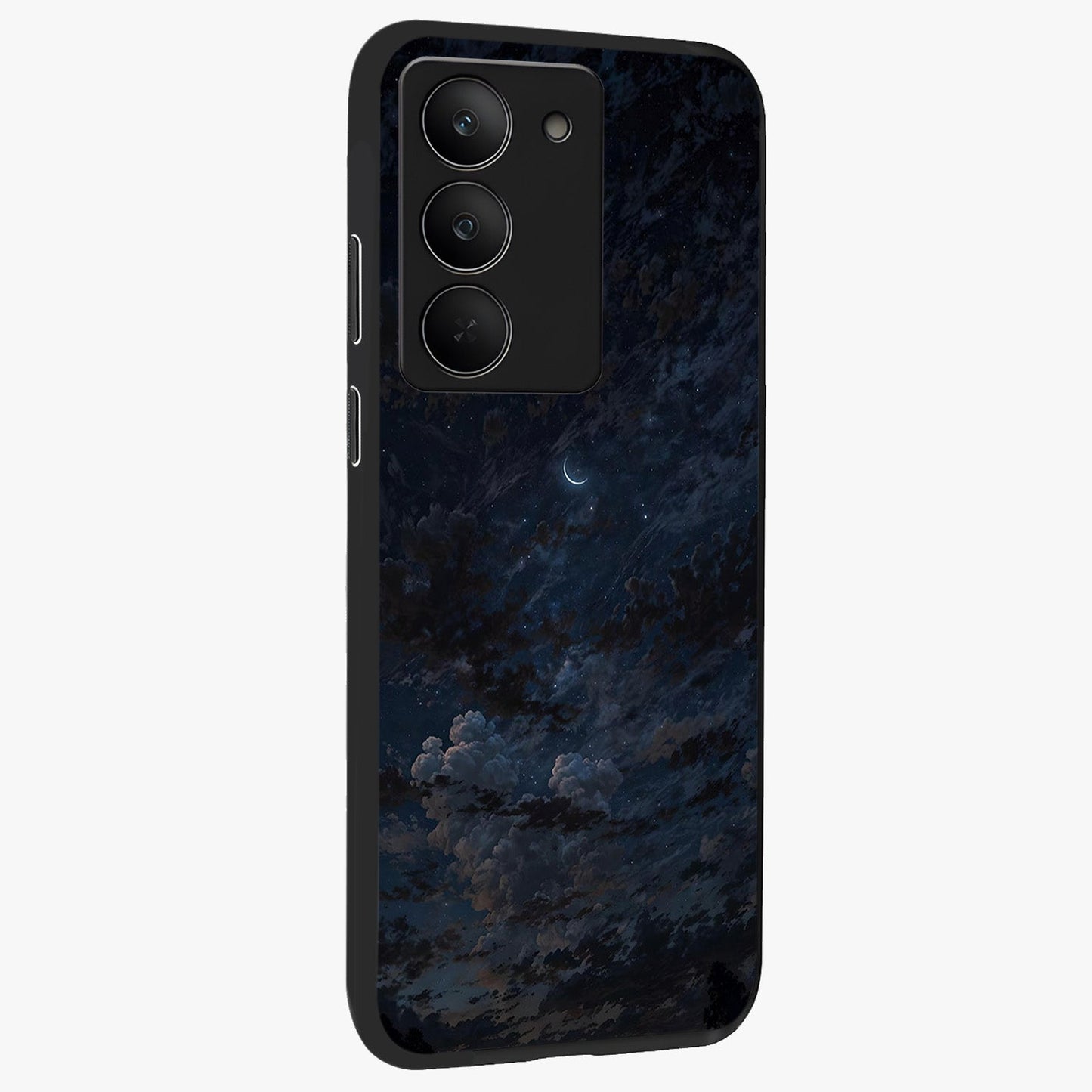Lunar Veil Silence Glass Case upright view showcasing calm moon themed artwork with serene night atmosphere.