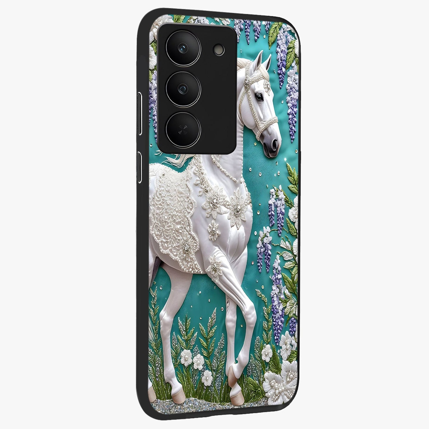 Majestic Floral Stallion Glass Case upright view showcasing dramatic horse artwork with decorative floral theme.