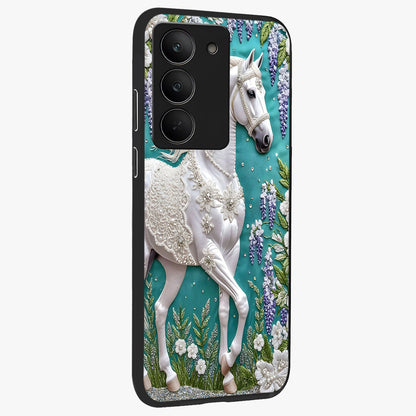 Majestic Floral Stallion Glass Case upright view showcasing dramatic horse artwork with decorative floral theme.