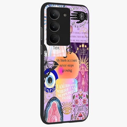 Manifestation Collage Glass Case upright view showcasing artistic manifestation themed artwork with creative style.