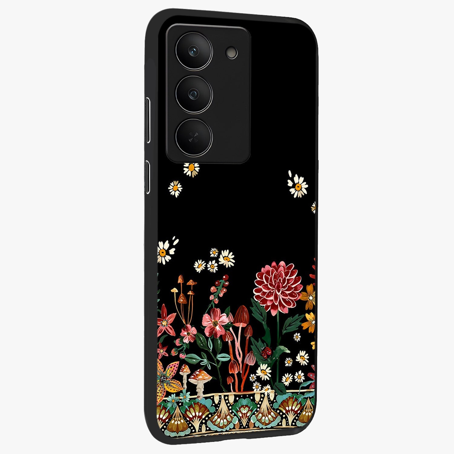 Midnight Bloom Pattern Glass Case upright view showcasing decorative floral artwork with deep night themed palette.