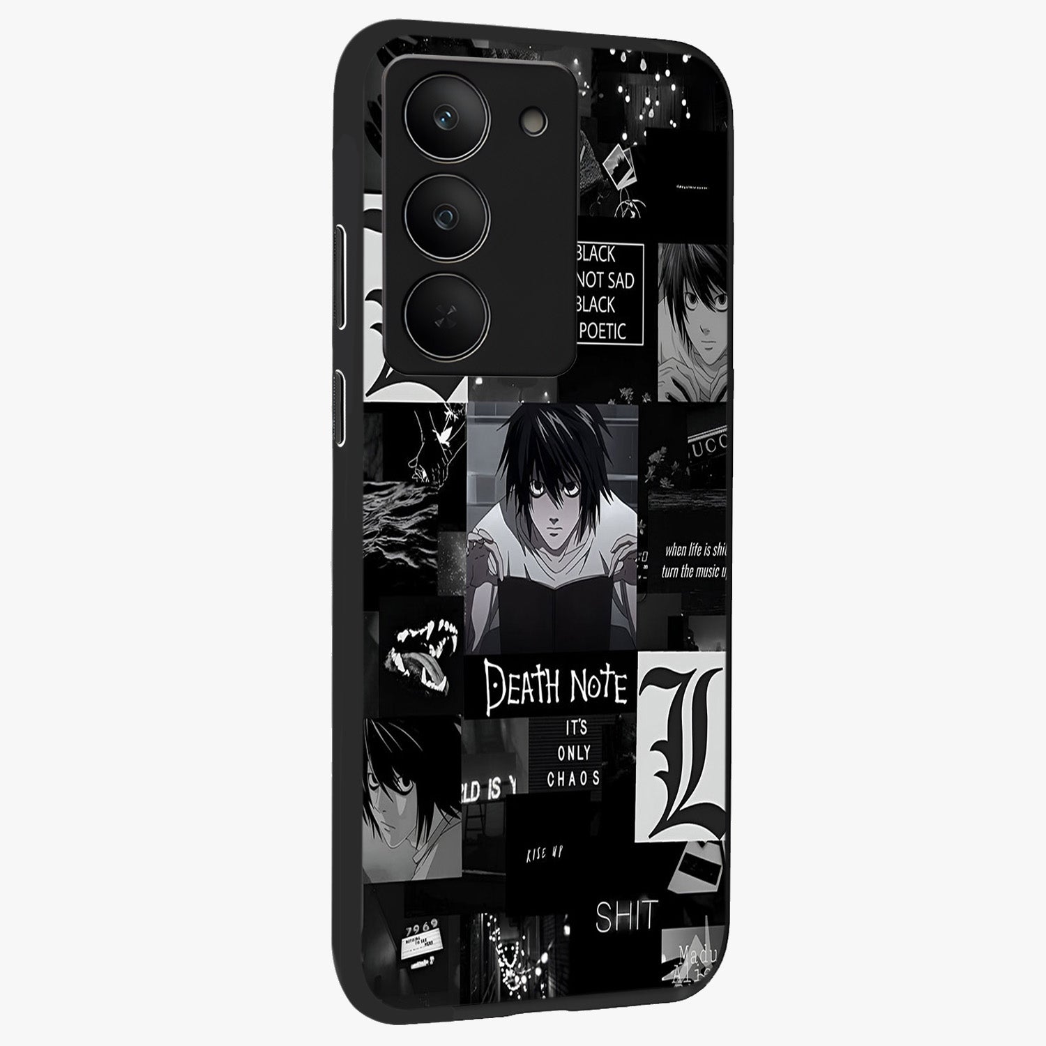 Midnight Chaos Mind Glass Case upright view showcasing expressive abstract artwork with bold dark theme.