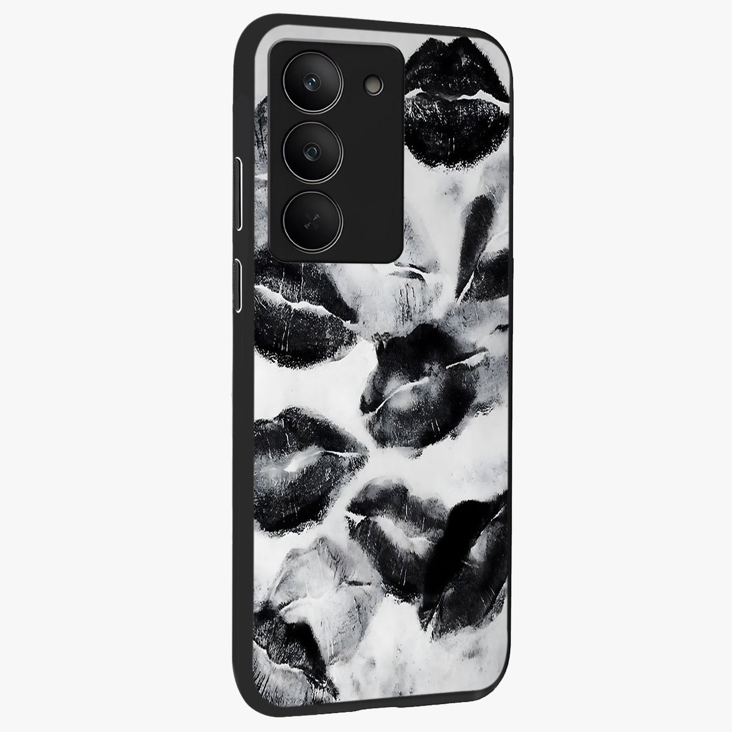 Midnight Kiss Marks Glass Case upright view showcasing stylish kiss mark artwork with trendy romantic theme.