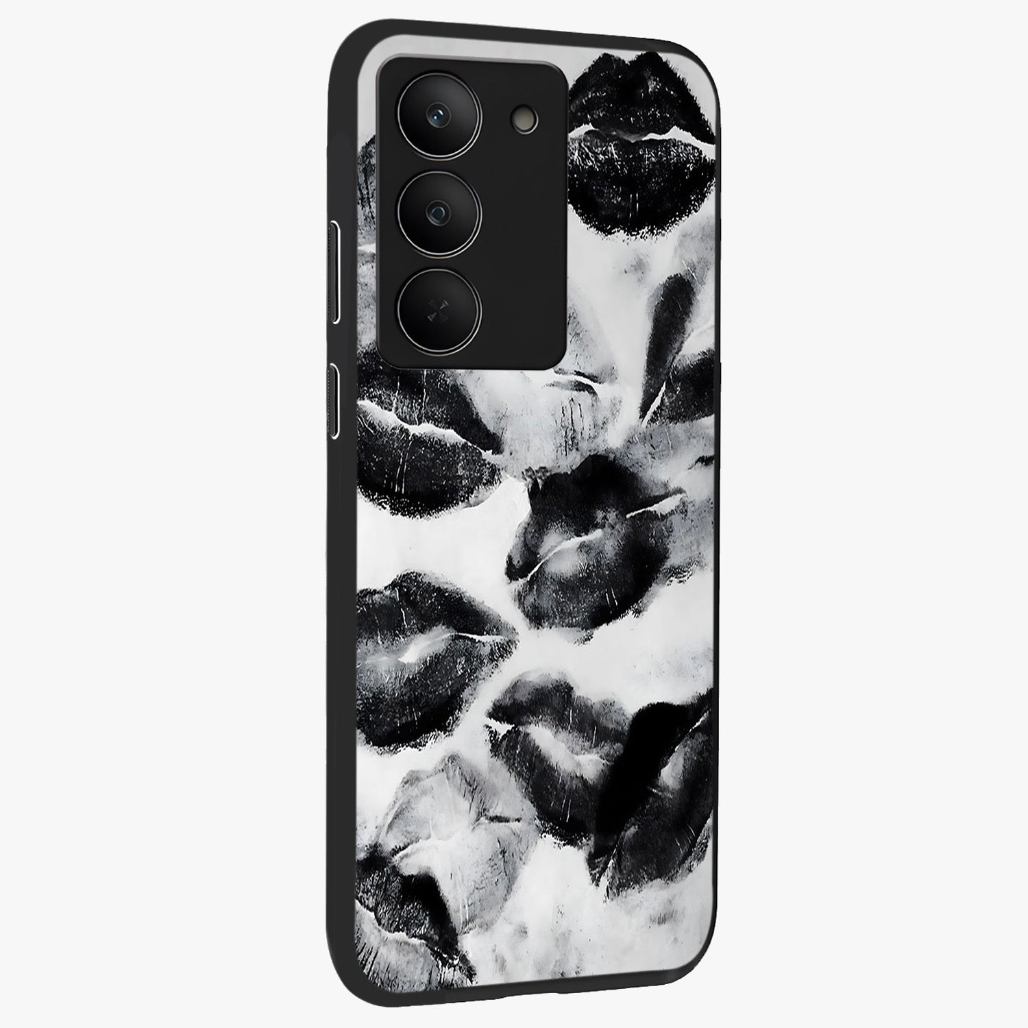 Midnight Kiss Marks Glass Case upright view showcasing stylish kiss mark artwork with trendy romantic theme.
