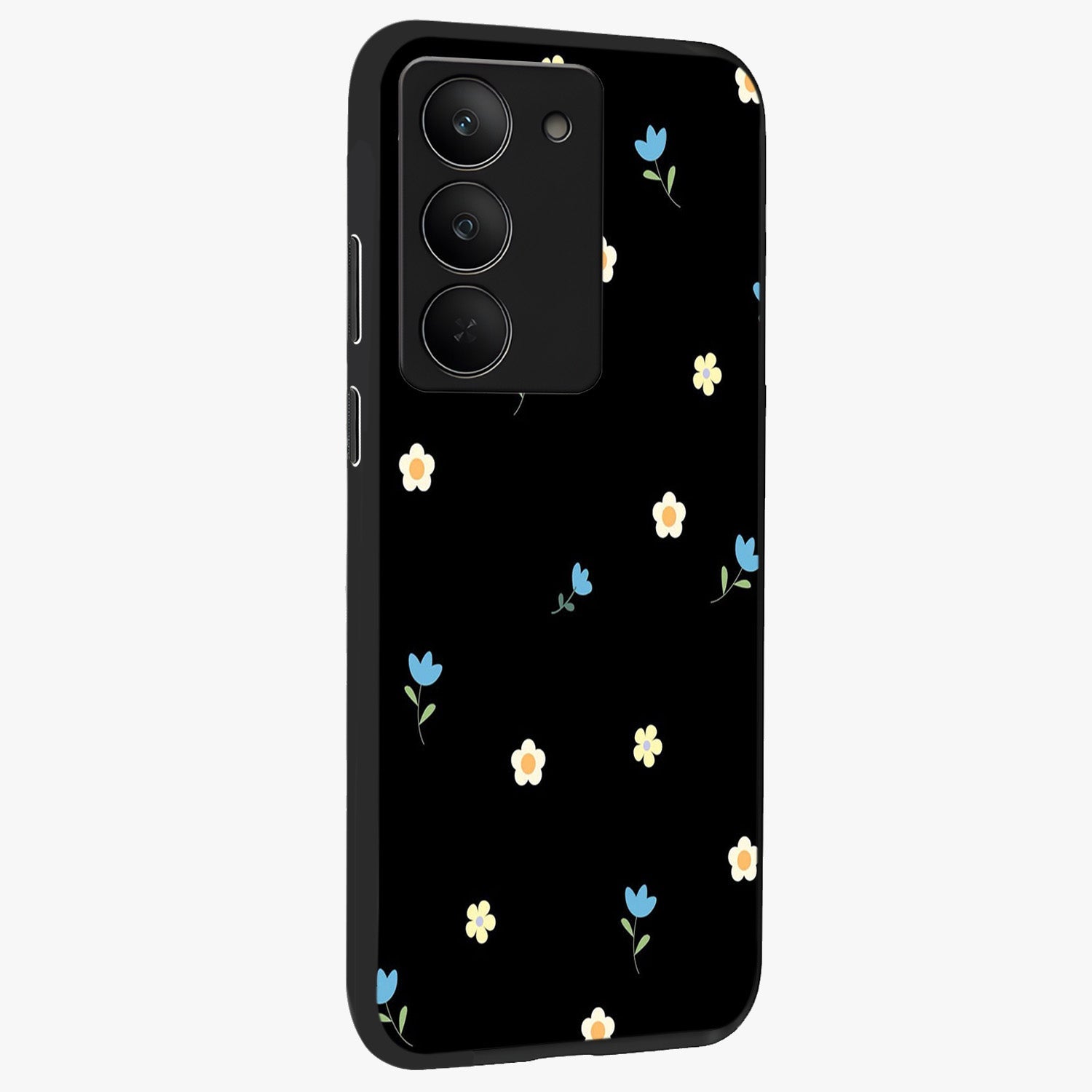 Minimal Petal Whispers Glass Case upright view showcasing elegant floral artwork with modern minimalist style.