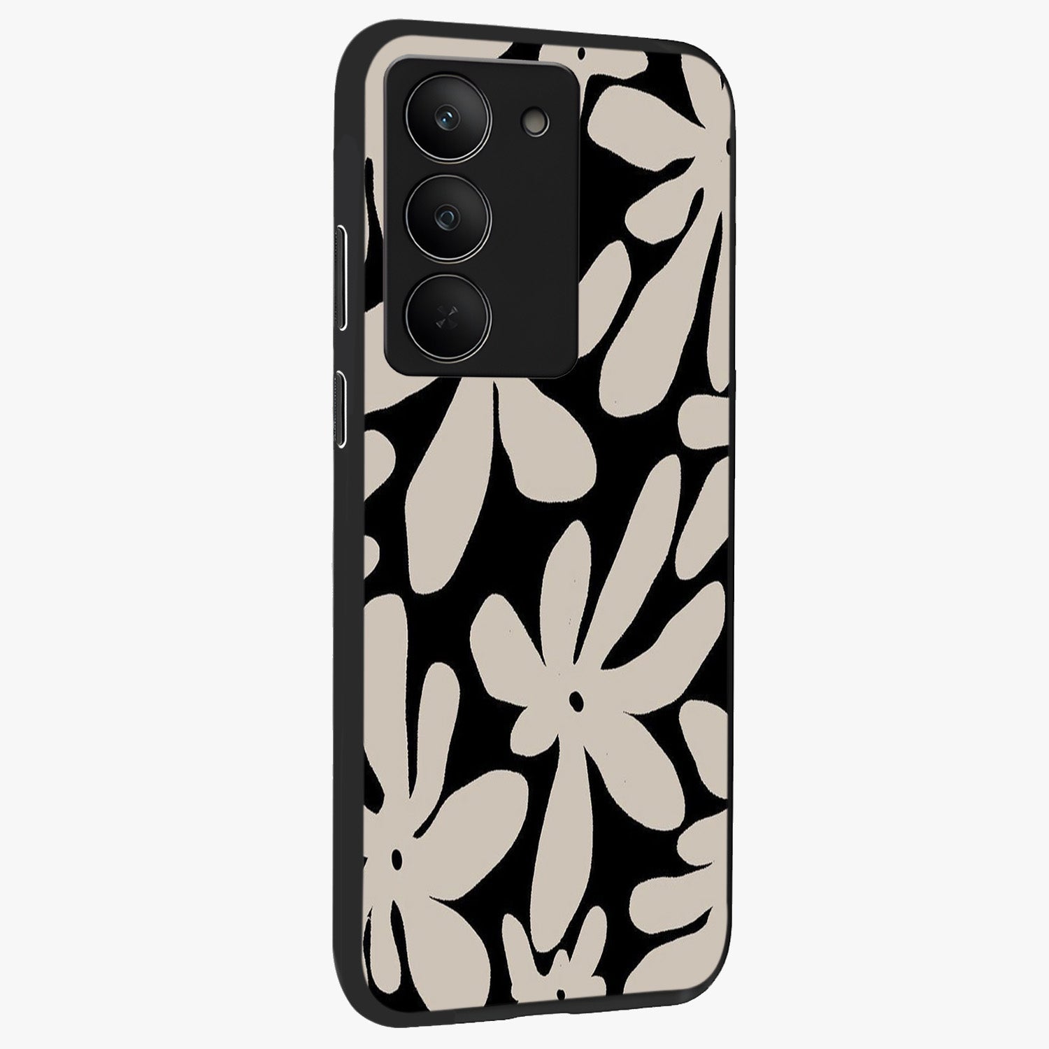 Monochrome Petal Dance Glass Case upright view showcasing artistic floral pattern with stylish monochrome theme.