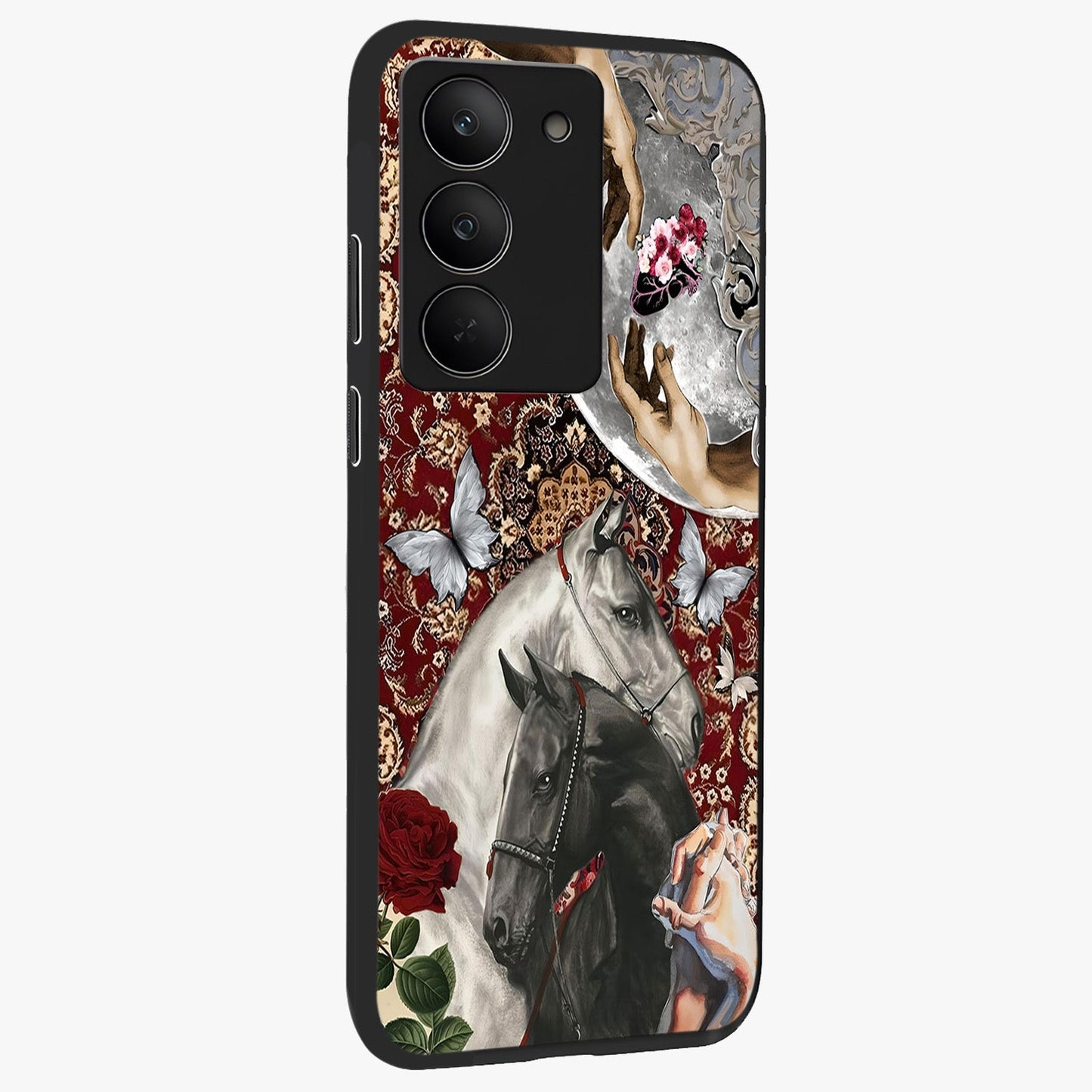 Moonlit Royal Stallion Glass Case upright view showcasing dramatic horse artwork with glowing moon themed design.