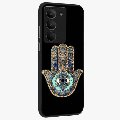 Mystic Hamsa Eye Glass Case upright view showcasing detailed hamsa eye artwork with protective spiritual theme.