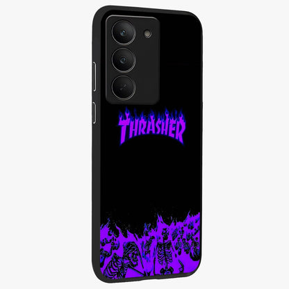 Neon Flame Riot Glass Case upright view showcasing dynamic flame artwork with energetic neon theme.