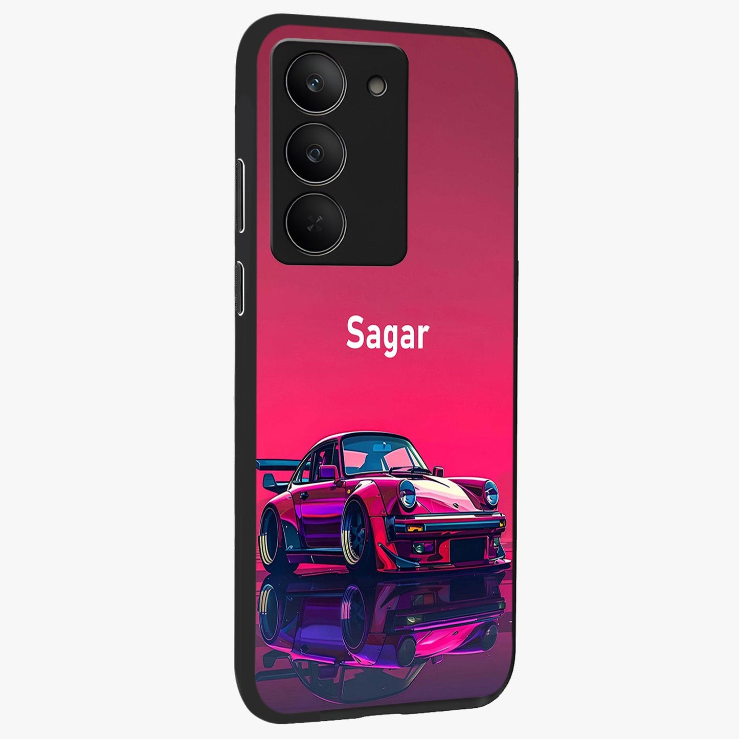 Neon Pink Porsche Glass Case upright view showcasing vibrant sports car artwork with bold automotive theme.