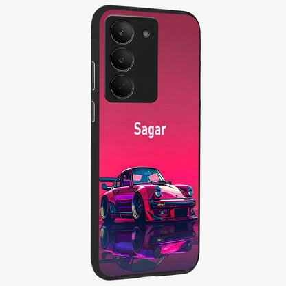 Neon Pink Porsche Glass Case upright view showcasing vibrant sports car artwork with bold automotive theme.