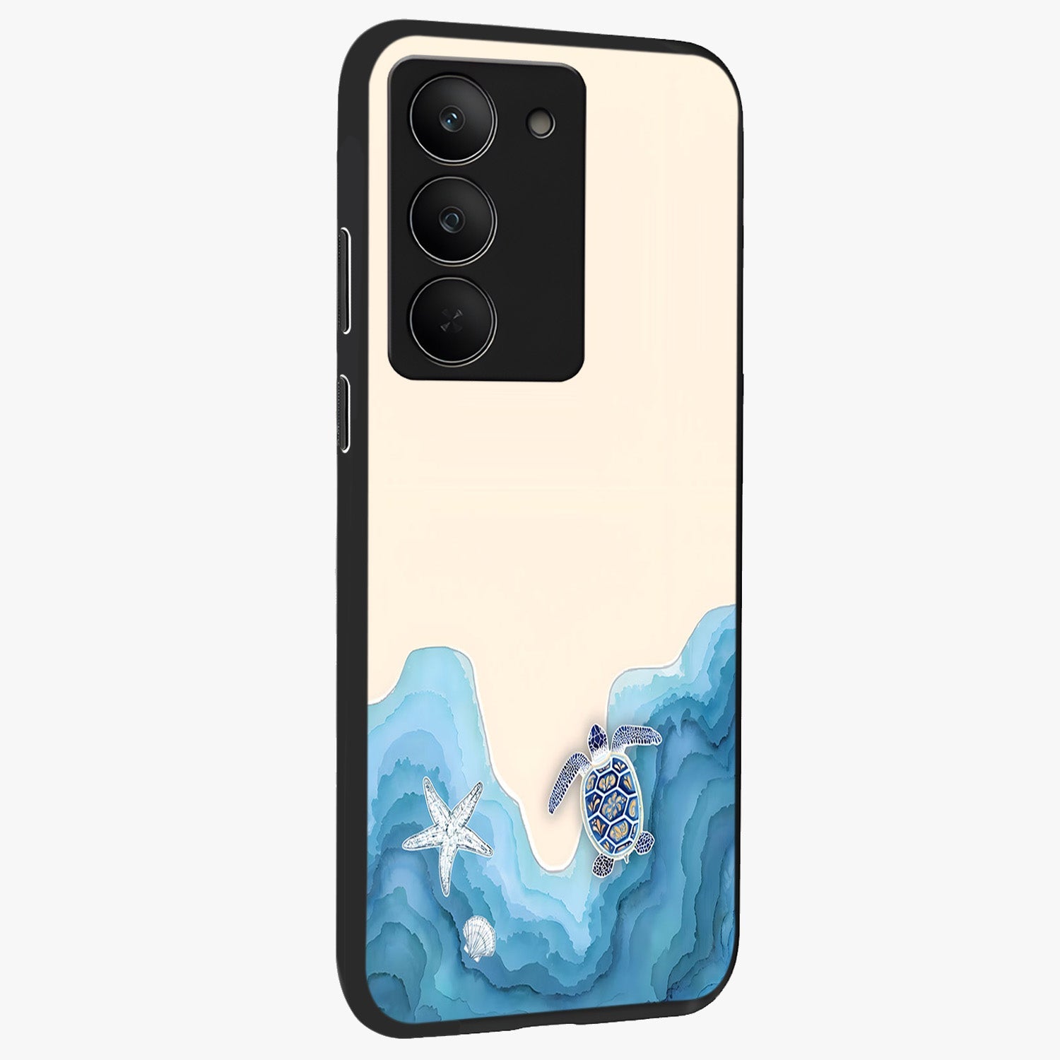 Ocean Drift Turtle Glass Case upright view showcasing calm underwater turtle artwork with nature inspired theme.