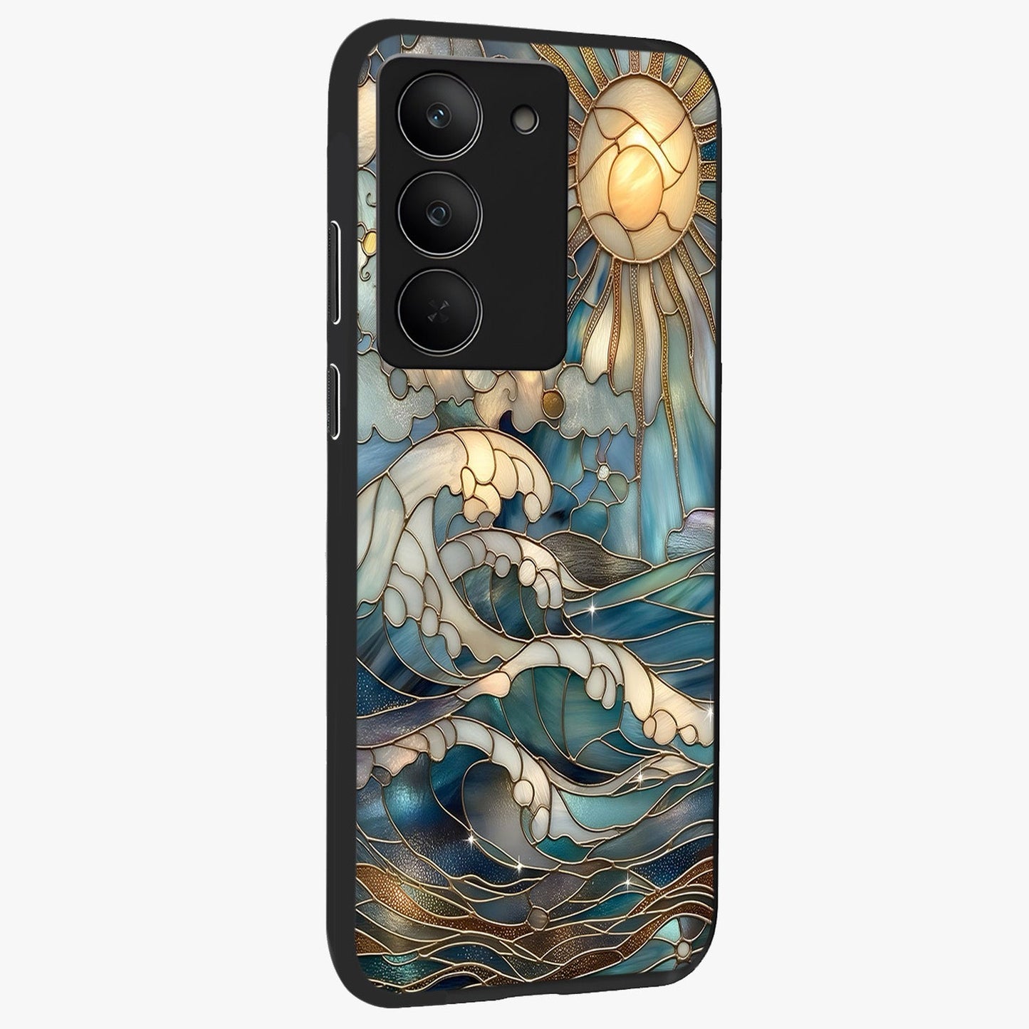 Oceanic Stained Printed Glass Case upright view showcasing decorative ocean pattern artwork with vibrant marine theme.