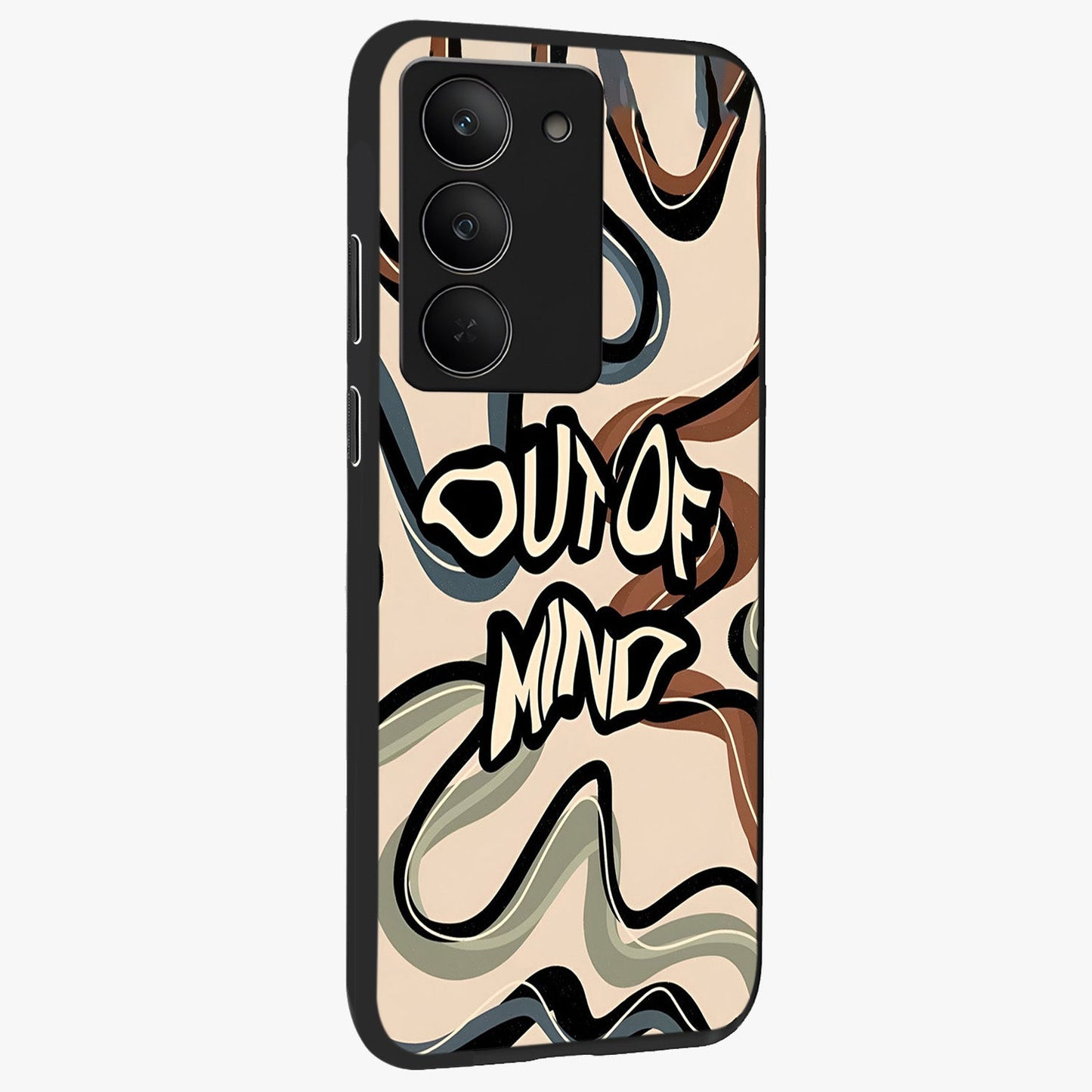 Out Of Mind Glass Case upright view showcasing striking typography artwork with edgy conceptual theme.