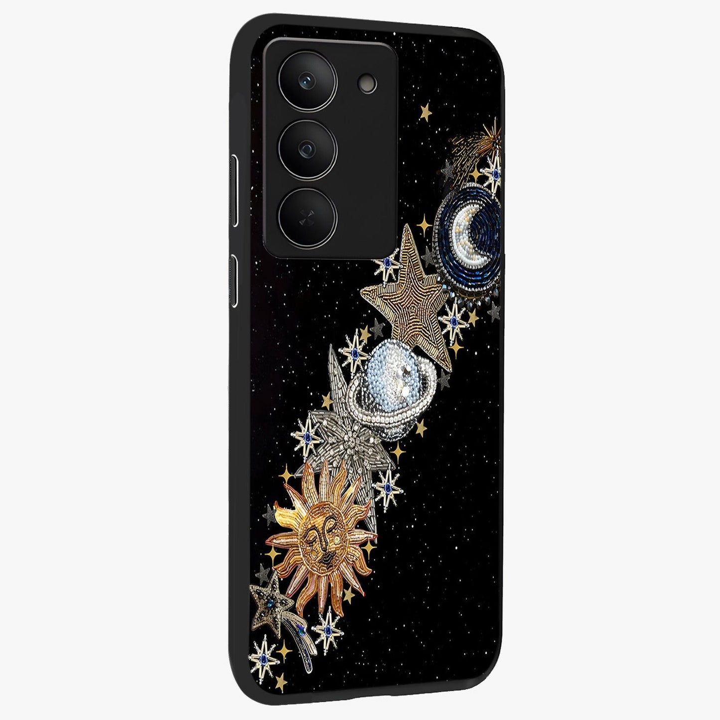 Pearls Universe Object Glass Case upright view showcasing decorative pearl themed artwork with cosmic elegance.