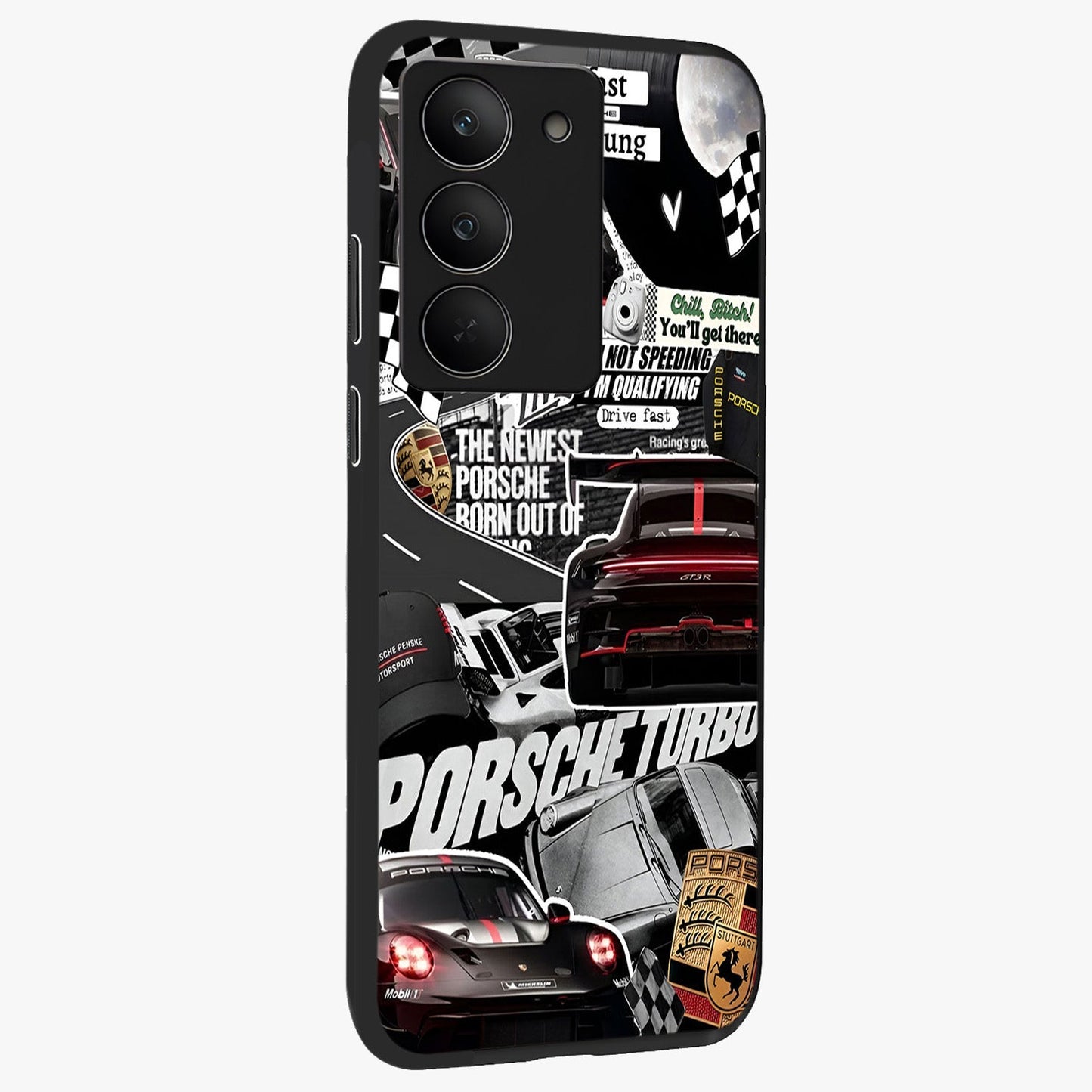 Porsche Racing Collage Glass Case upright view showcasing energetic car collage artwork with high speed racing theme.
