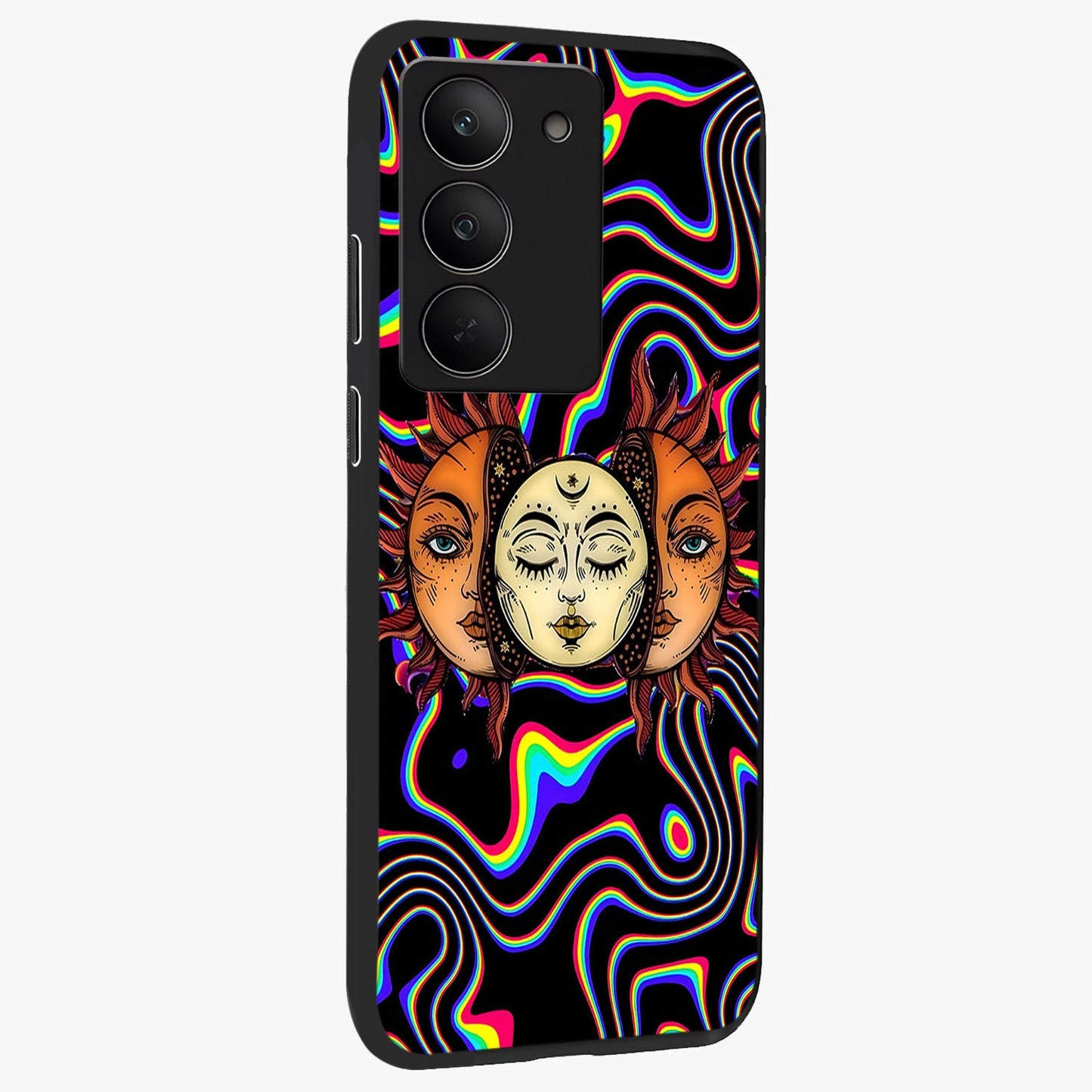 Psychedelic Sun Glass Case upright view showcasing trippy sun artwork with bold psychedelic theme.