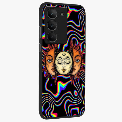 Psychedelic Sun Glass Case upright view showcasing trippy sun artwork with bold psychedelic theme.