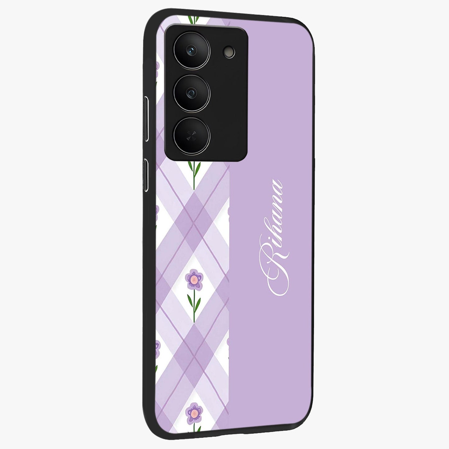 Purple Diamond Floral Glass Case upright view showcasing vibrant floral artwork with stylish geometric theme.