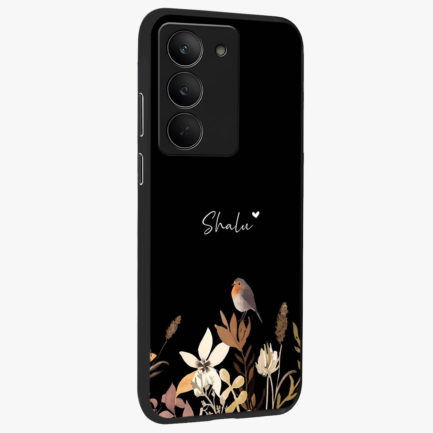 Quiet Garden Tune Custom Name Glass Case upright view showcasing serene botanical artwork with personalized aesthetic.