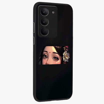 Radha Divine Embrace Glass Case upright view showcasing sacred Radha themed artwork with peaceful devotional style.