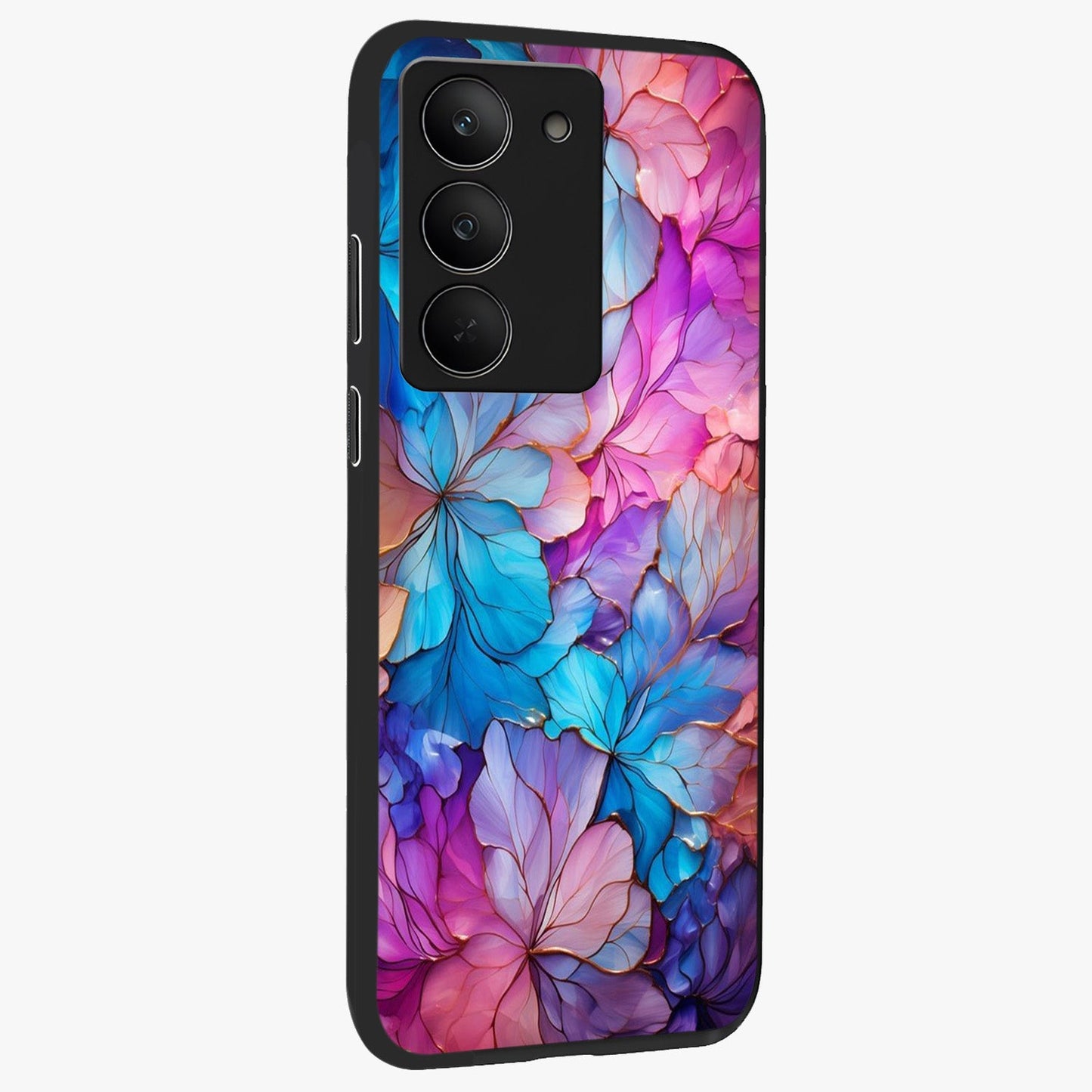 Radiant Floral Whirl Glass Case upright view showcasing lively floral artwork with decorative swirl theme.