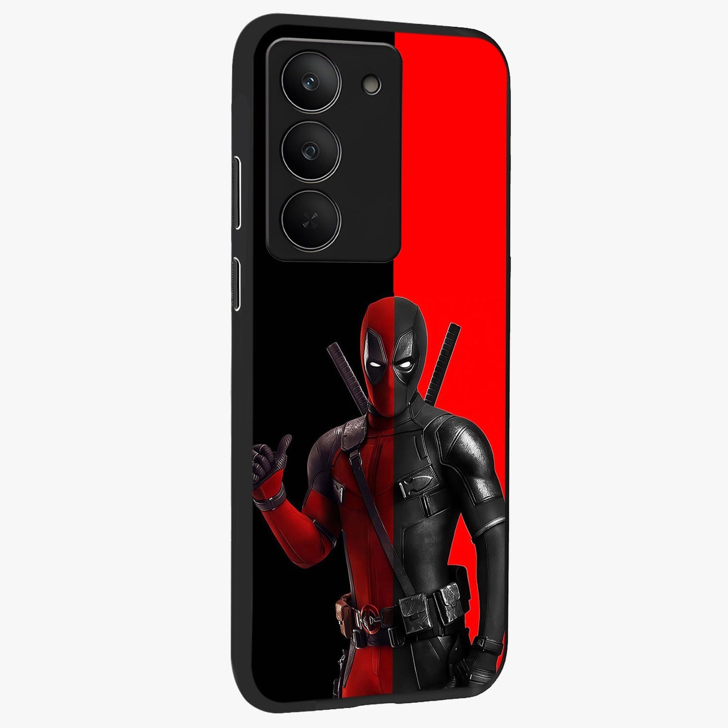 Red & Black Deadpool Theme Glass Case upright view showcasing energetic comic themed artwork with striking red and black design.