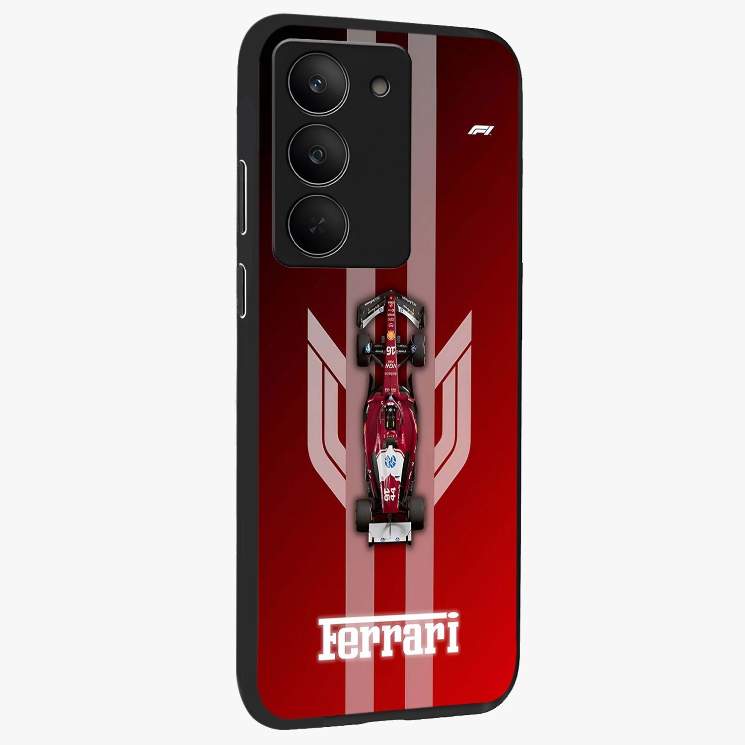 Red Ferrari F1 Vertical Glass Case upright view showcasing powerful Formula car artwork with dynamic motorsport theme.