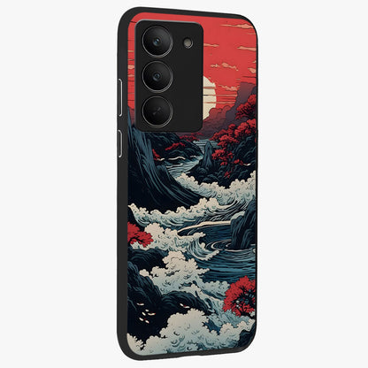 Red Sunset Scenery Glass Case upright view showcasing dramatic sunset scenery artwork with warm nature theme.