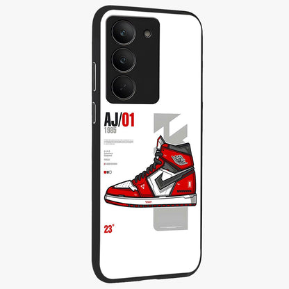Retro Sneaker Blueprint Glass Case upright view showcasing stylish sneaker illustration with vintage streetwear theme.