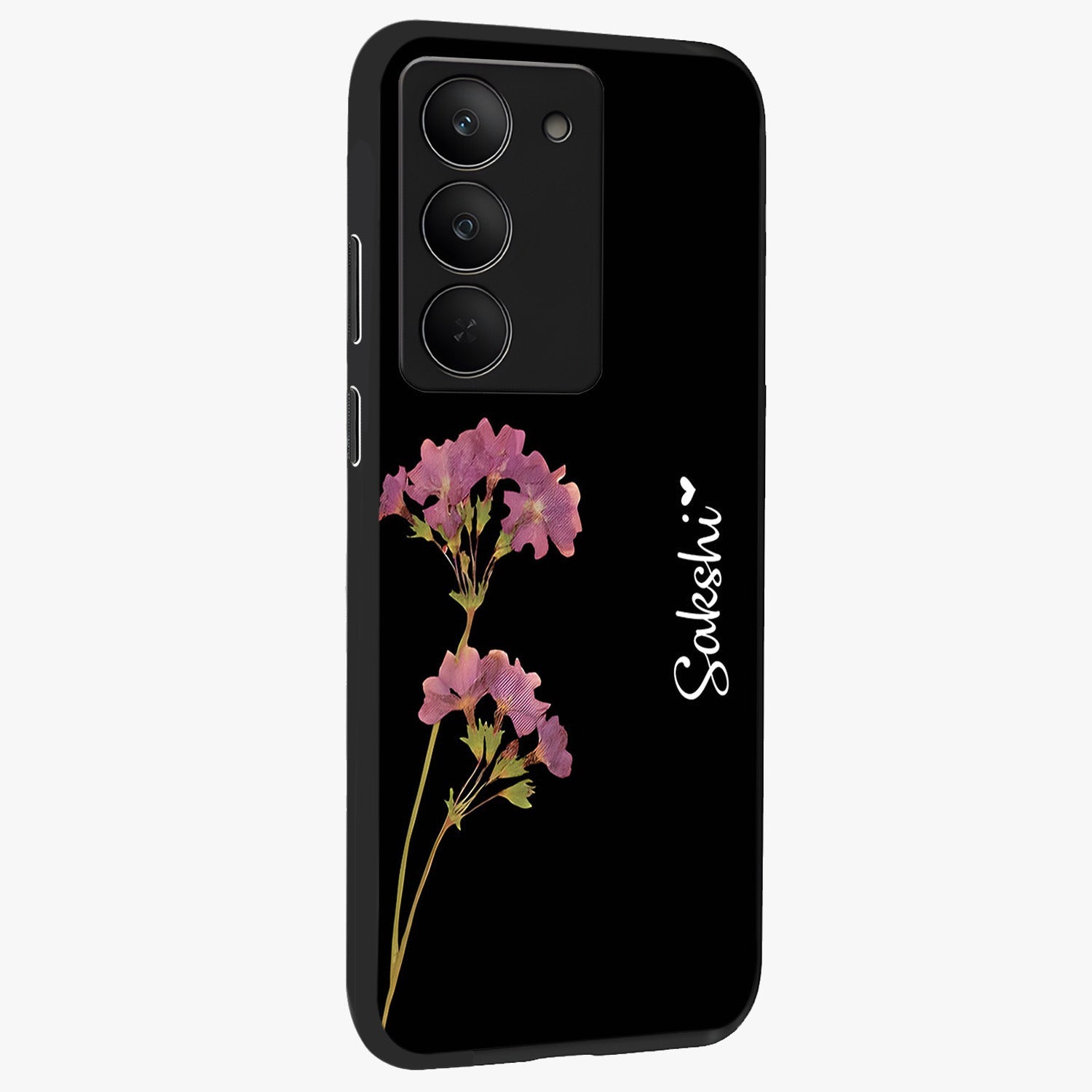 Riching Lavender Flower Custom Name Glass Case upright view showcasing elegant lavender floral artwork with personalized aesthetic.