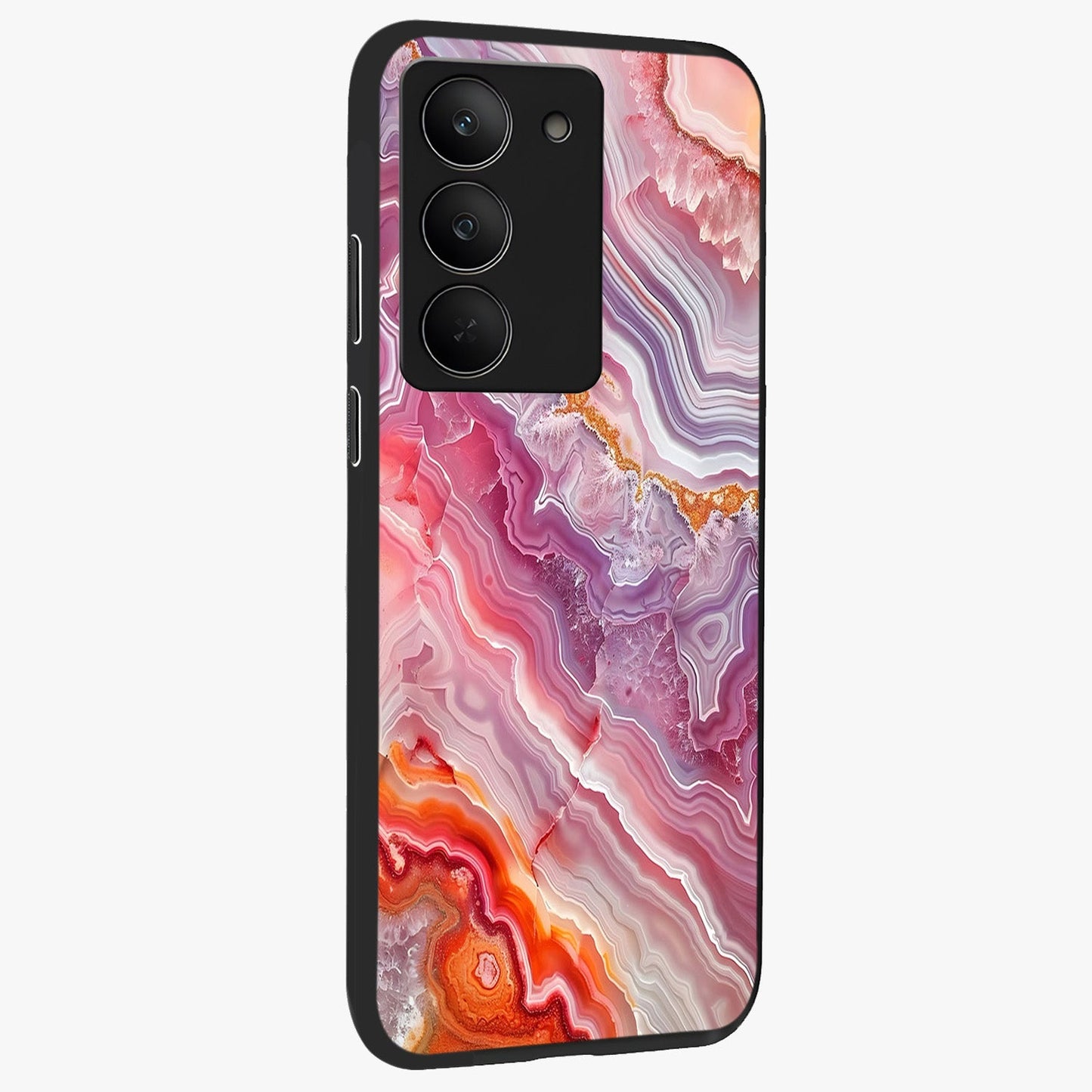 Rose Quartz Marble Glass Case upright view showcasing decorative marble artwork with luxurious pastel theme.