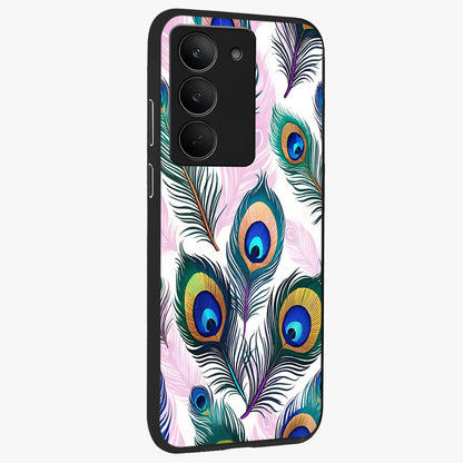 Royal Peacock Feathers Glass Case upright view showcasing elegant peacock feather artwork with decorative royal theme.