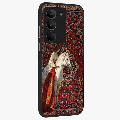 Royal Rider Tapestry Glass Case upright view showcasing detailed rider artwork with classic tapestry theme.