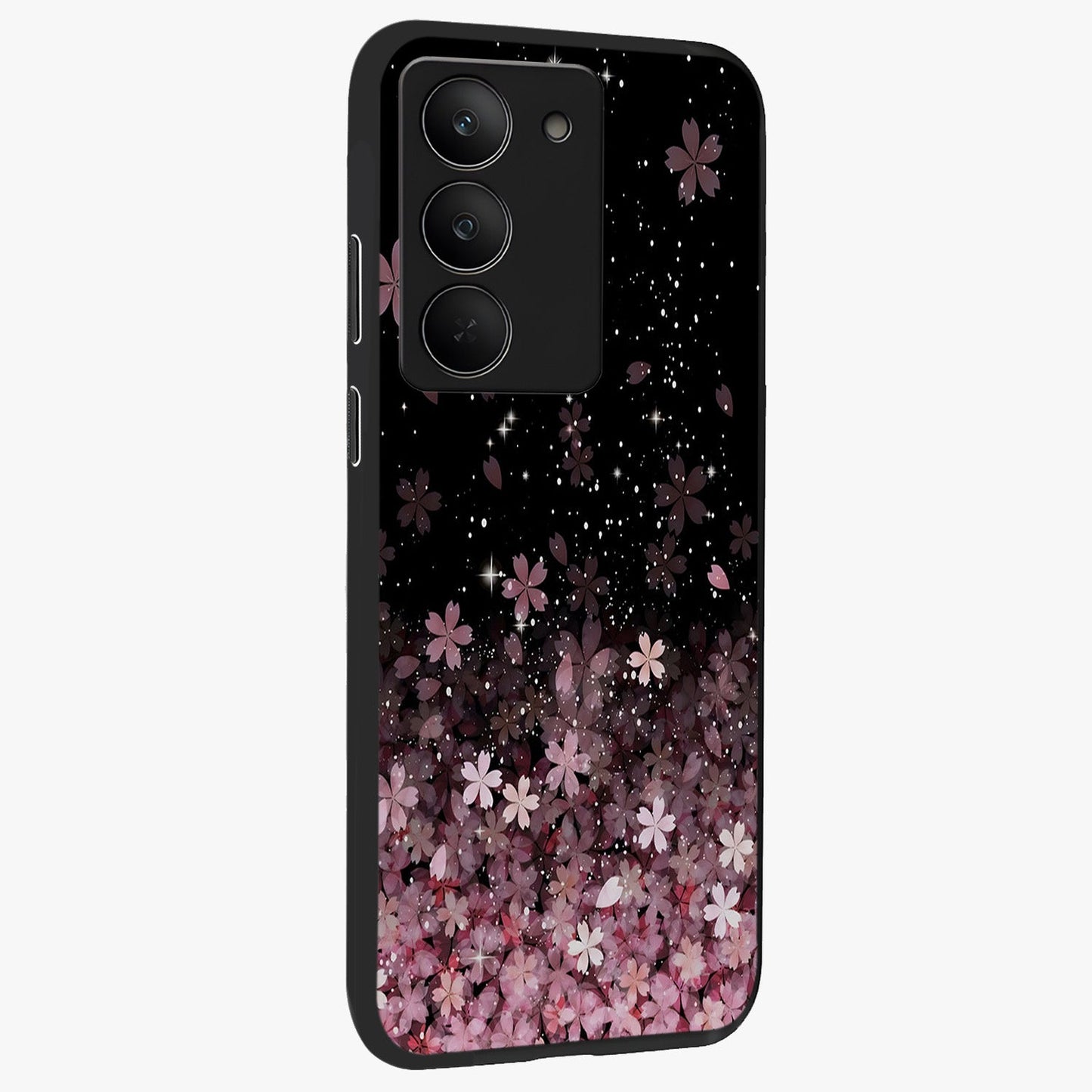 Small Starry Flowers Glass Case upright view showcasing charming floral artwork with dreamy starry theme.