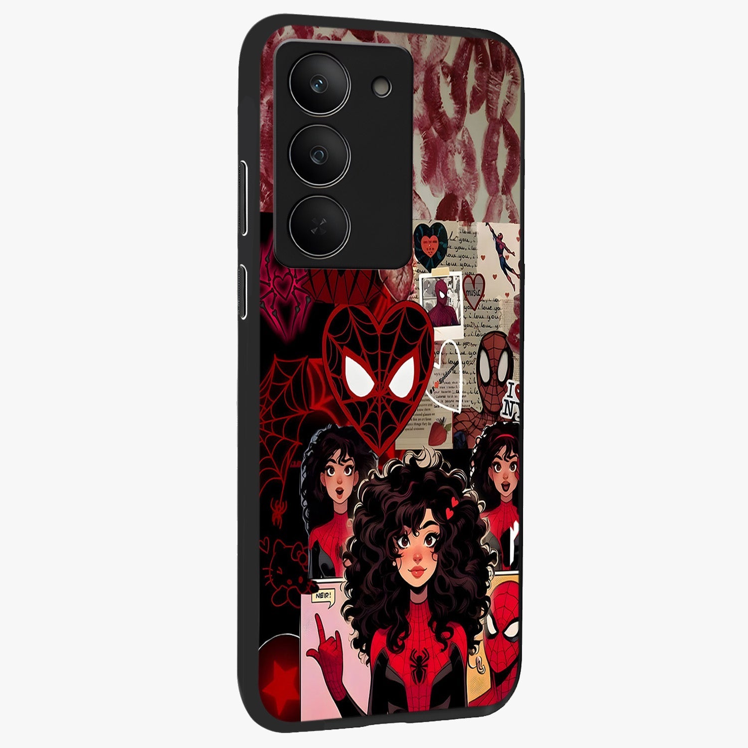 Spider Love Story Glass Case upright view showcasing charming superhero artwork with romantic comic theme.