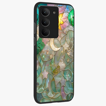 Stained Sunrise Glow Glass Case upright view showcasing colorful sunrise artwork with warm morning theme.