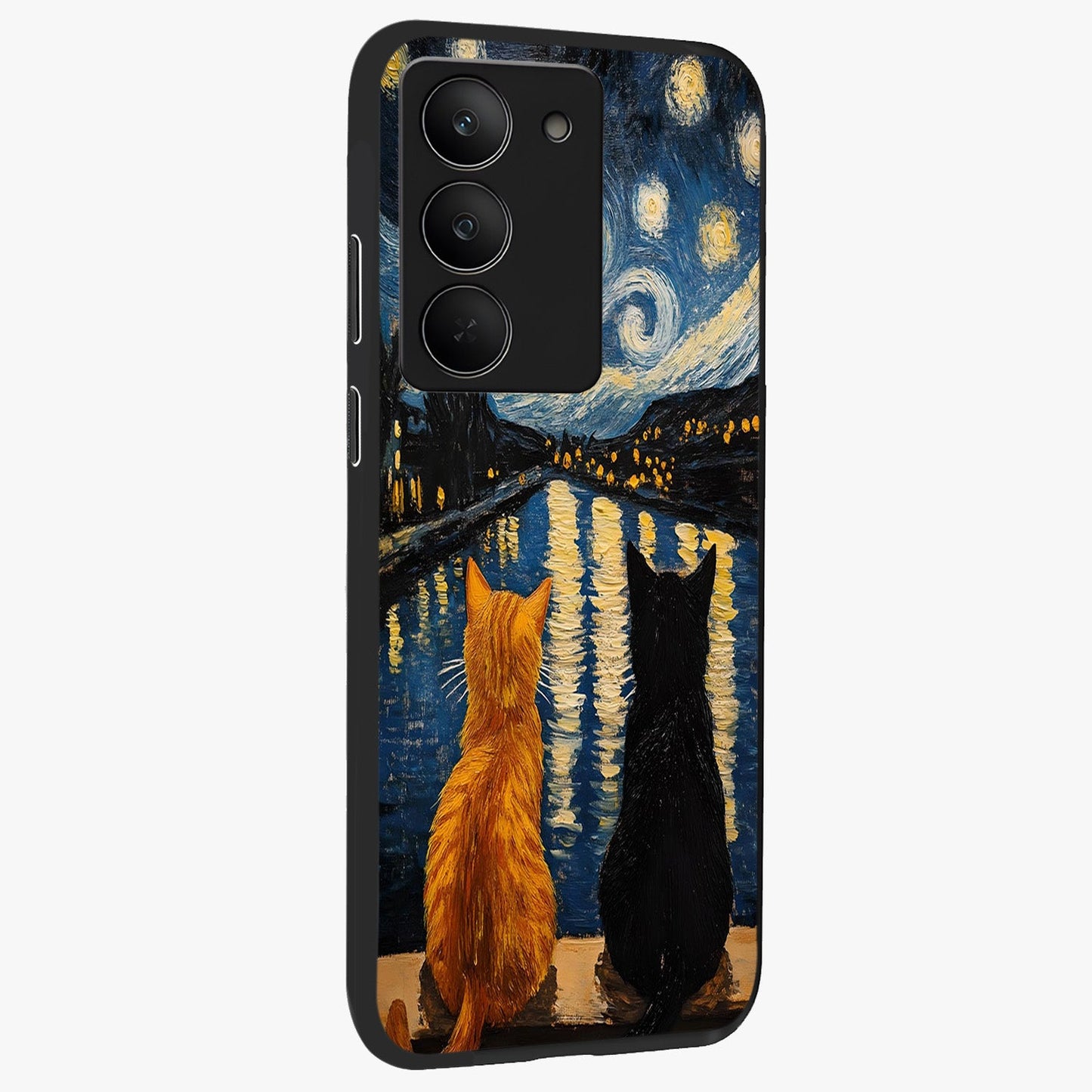 Starry River Cats Glass Case upright view showcasing adorable cat artwork with magical river and stars theme.